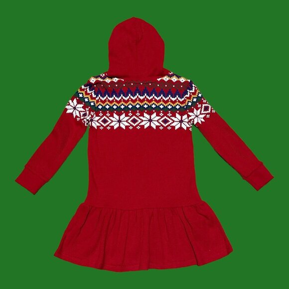 NEW-6X Girls Polo-Ralph Lauren Fair Isle Waffle-Knit Hooded Red Christmas Dress - Picture 5 of 9